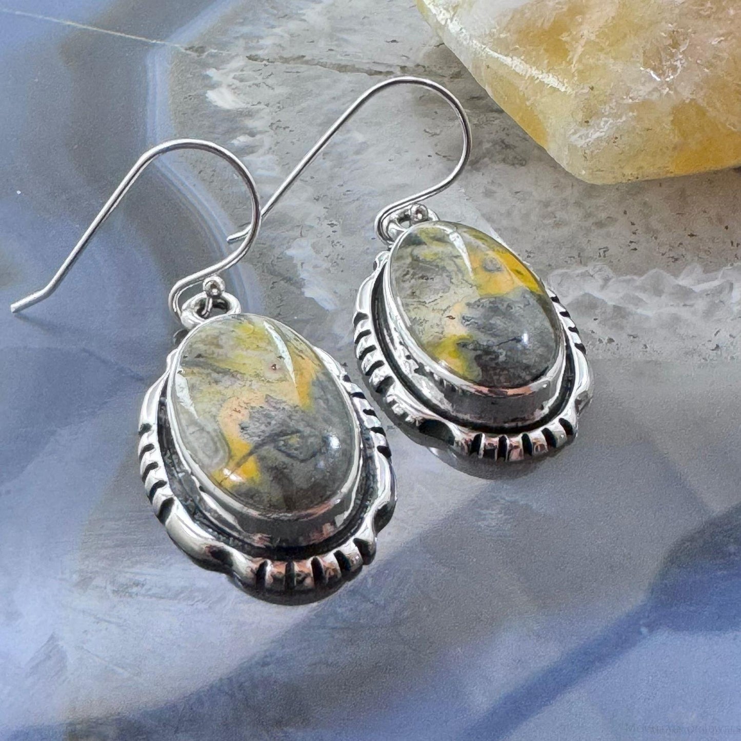 Native American Sterling Silver Oval Bumblebee Jasper Dangle Earrings For Women