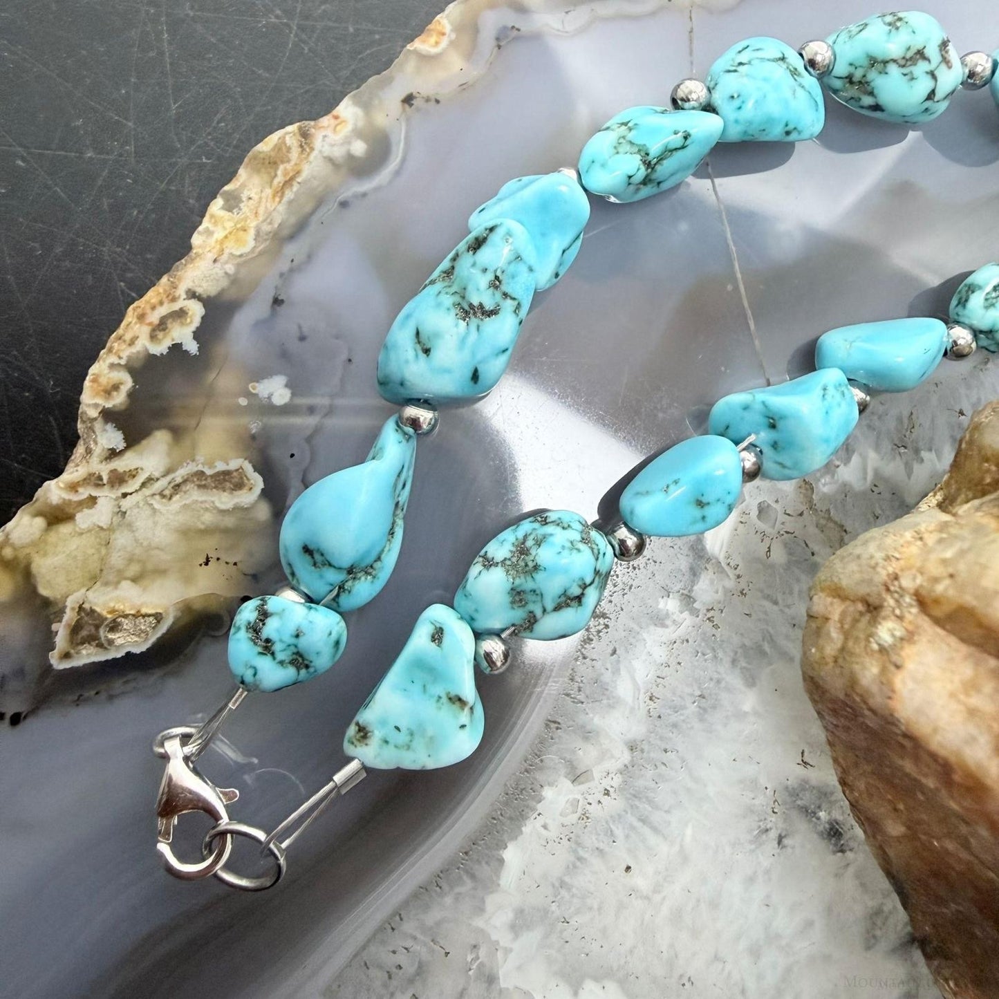Sterling Silver Southwestern Style Natural Turquoise w/Silver Beads Necklace For Women