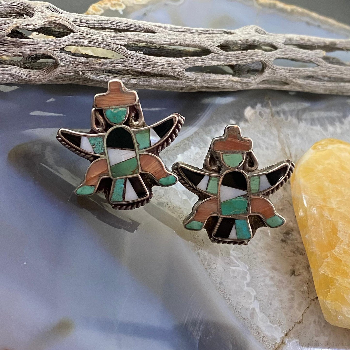 Vintage Native American Silver Zuni Inlay Dancer Screw Back Earrings For Women