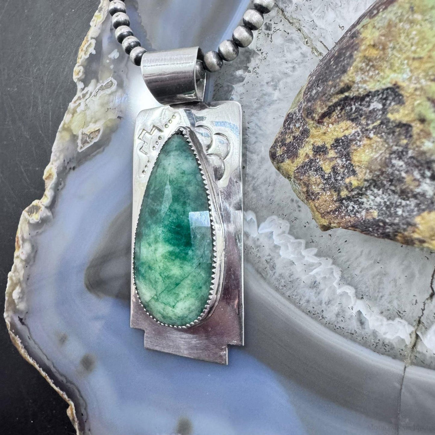 Frank Chavez Native American Sterling Silver Teardrop Faceted Moss Agate Pendant