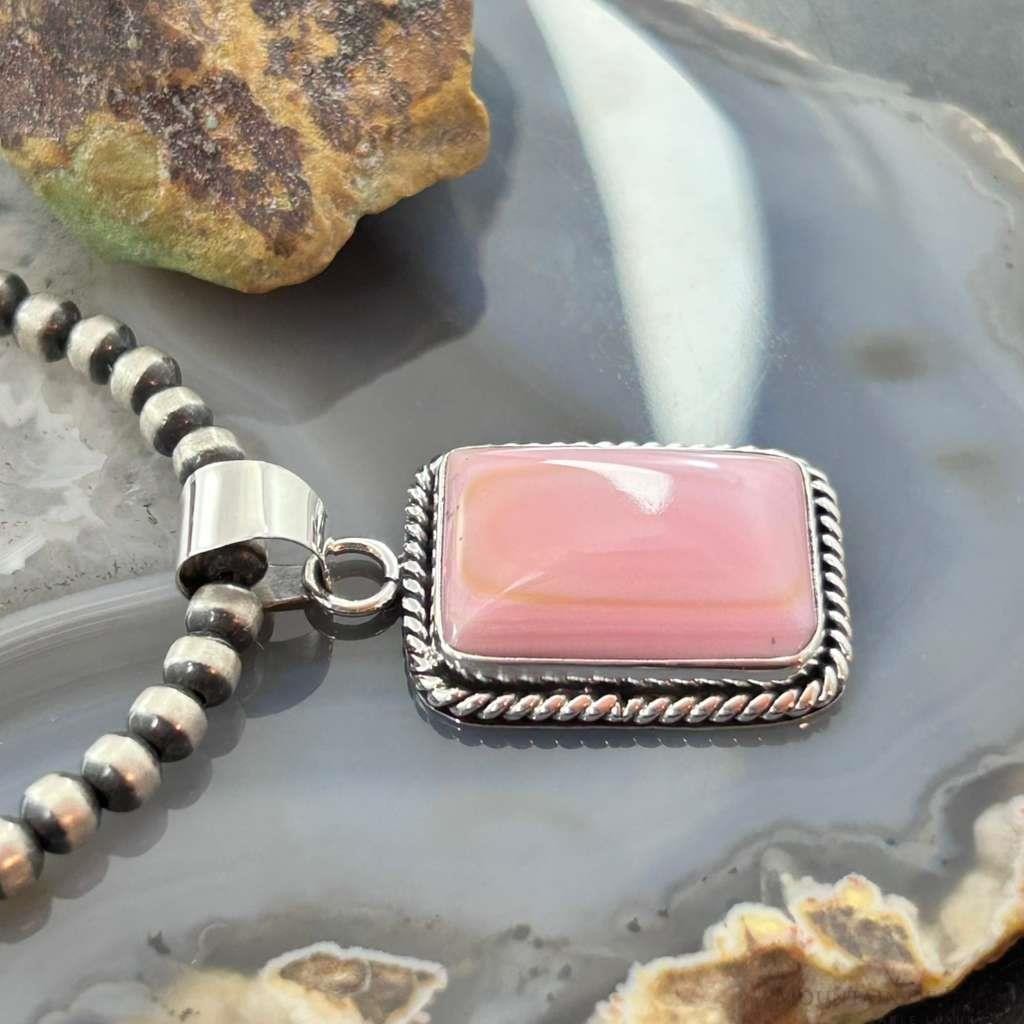Native American Sterling Silver Rectangle Pink Conch Decorated Pendant For Women #1