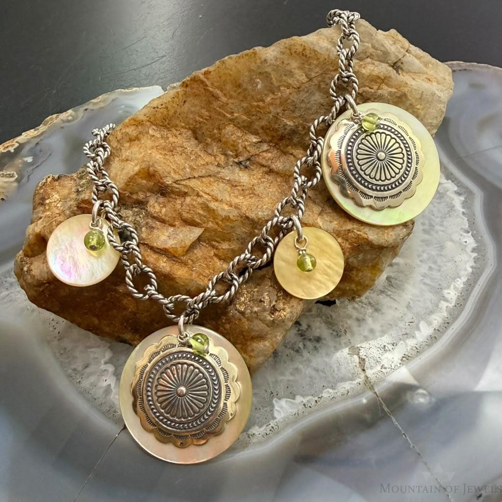 Carolyn Pollack Sterling MOP Disc, Peridot, Concho 19" Twisted Rope Necklace