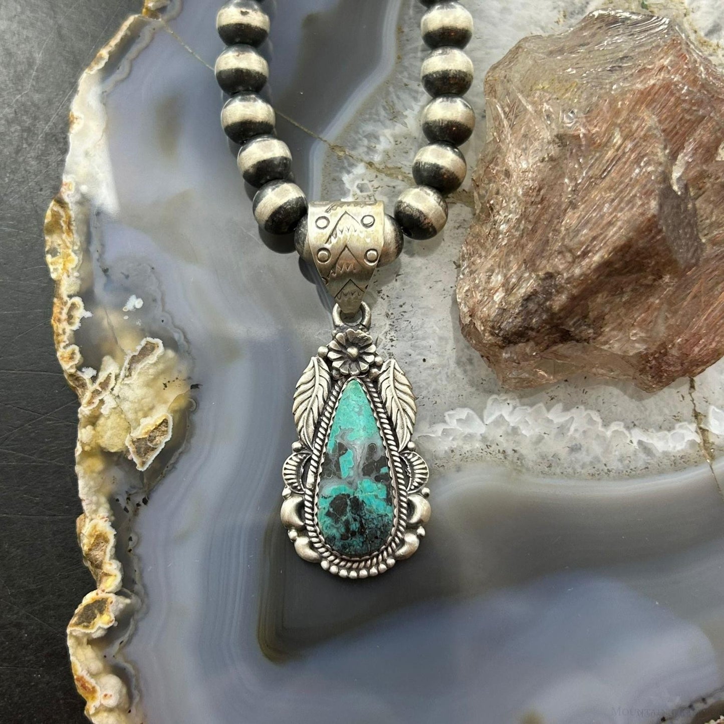 Sterling Silver Southwestern Style Teardrop Matrix Turquoise Decorated Pendant For Women