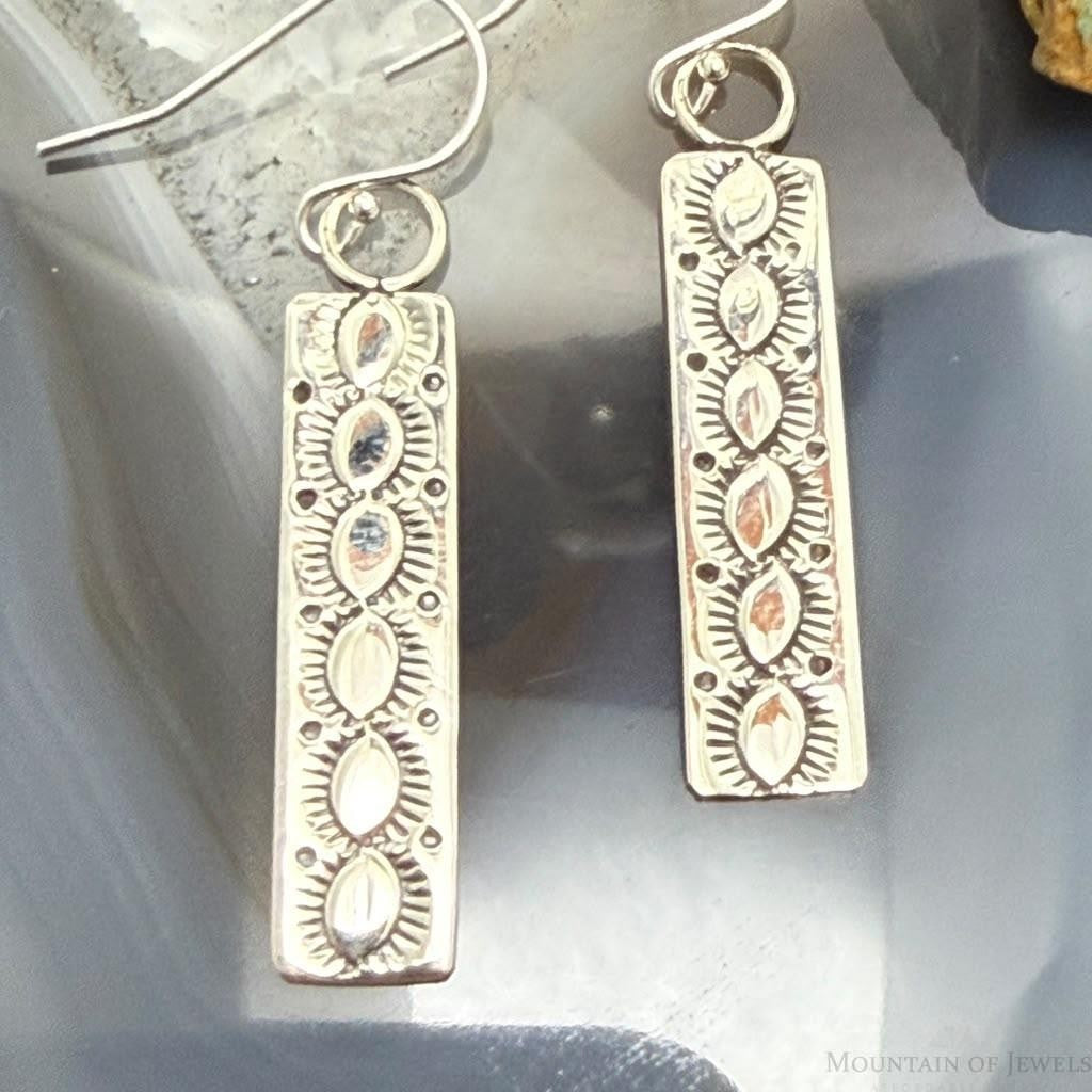 Michael Nez Native American Sterling Silver Rectangle Dangle Earrings For Women
