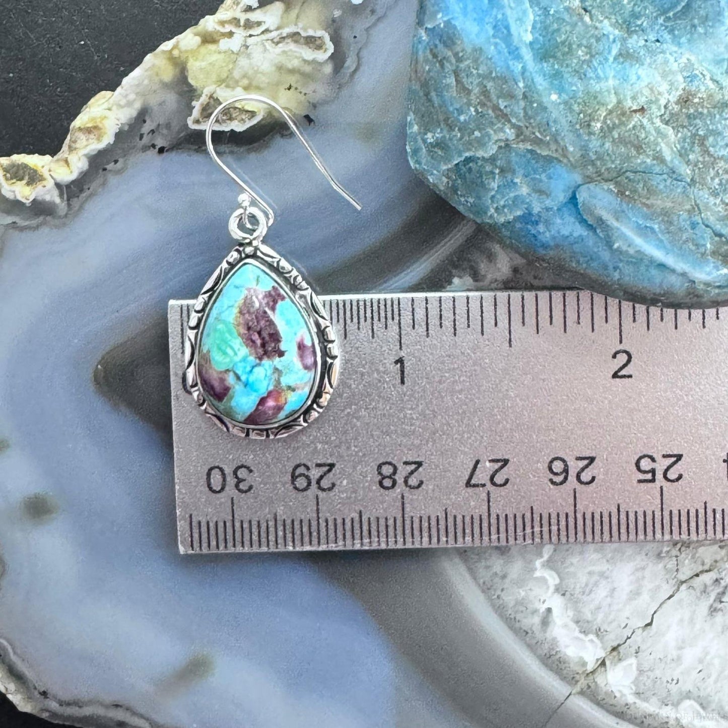 Native American Sterling Silver Turquoise & Spiny Oyster Composite Dangle Earrings For Women #1