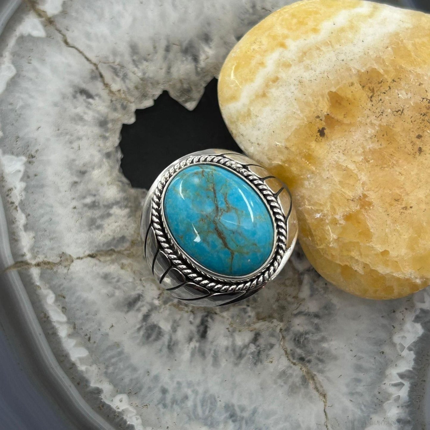 Native American Sterling Silver Oval Turquoise Shield Ring Size 10.75 For Men