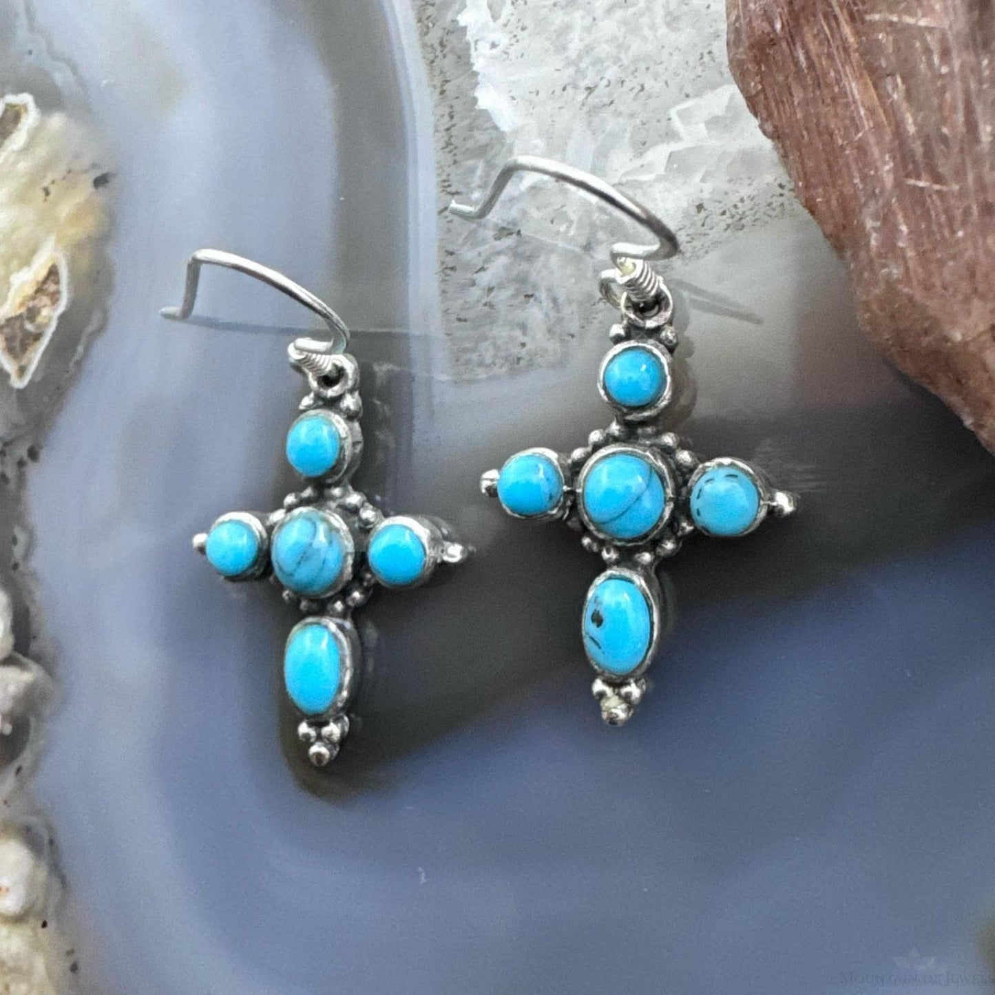 Sterling Silver Southwestern Style Turquoise Cross Dangle Earrings For Women