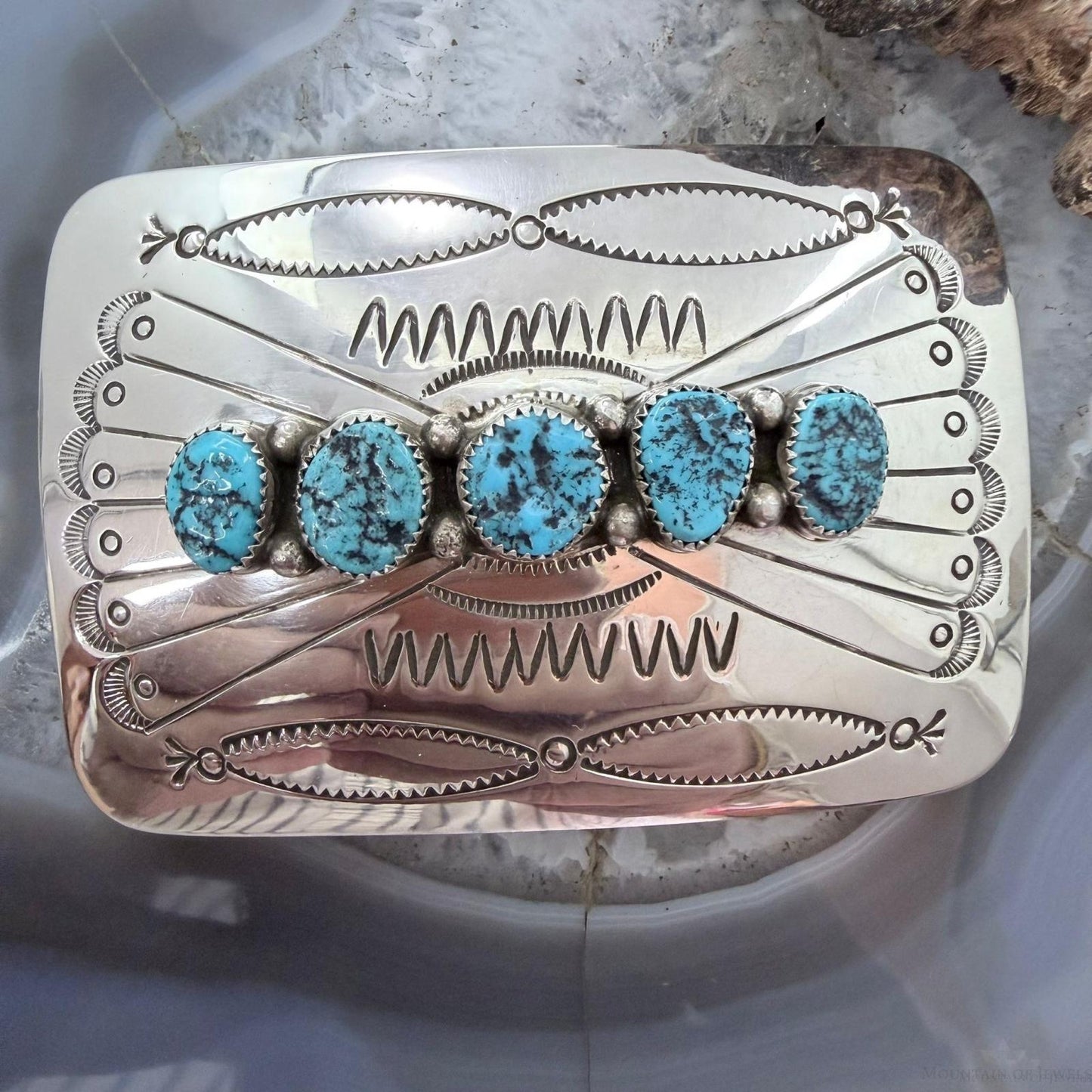 Joann Begay Native American Sterling Silver 5 Turquoise Stamped Belt Buckle For Men