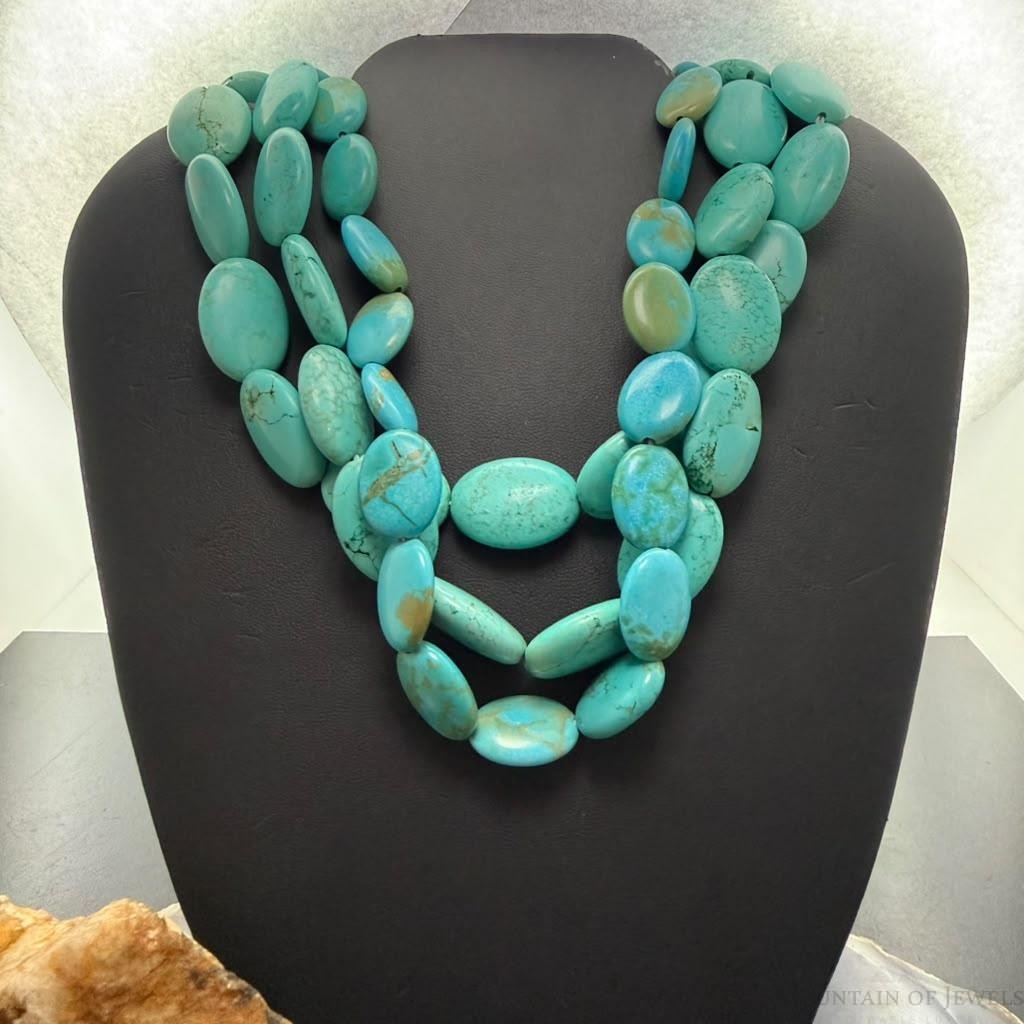 Vintage Native American Oval Turquoise Beads 3 Strands 14" Necklace For Women