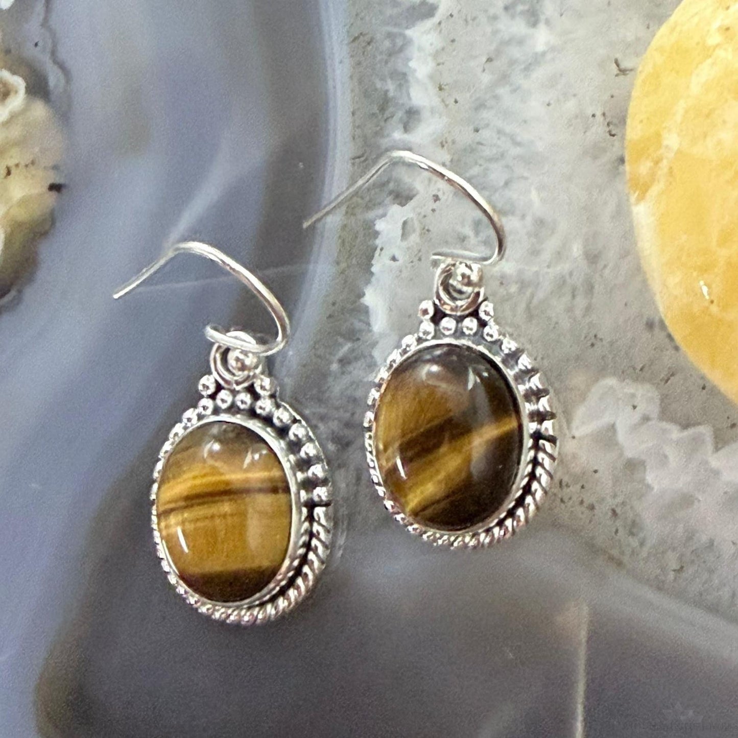 Sterling Silver Southwestern Style Oval Tiger's Eye Dangle Earrings For Women