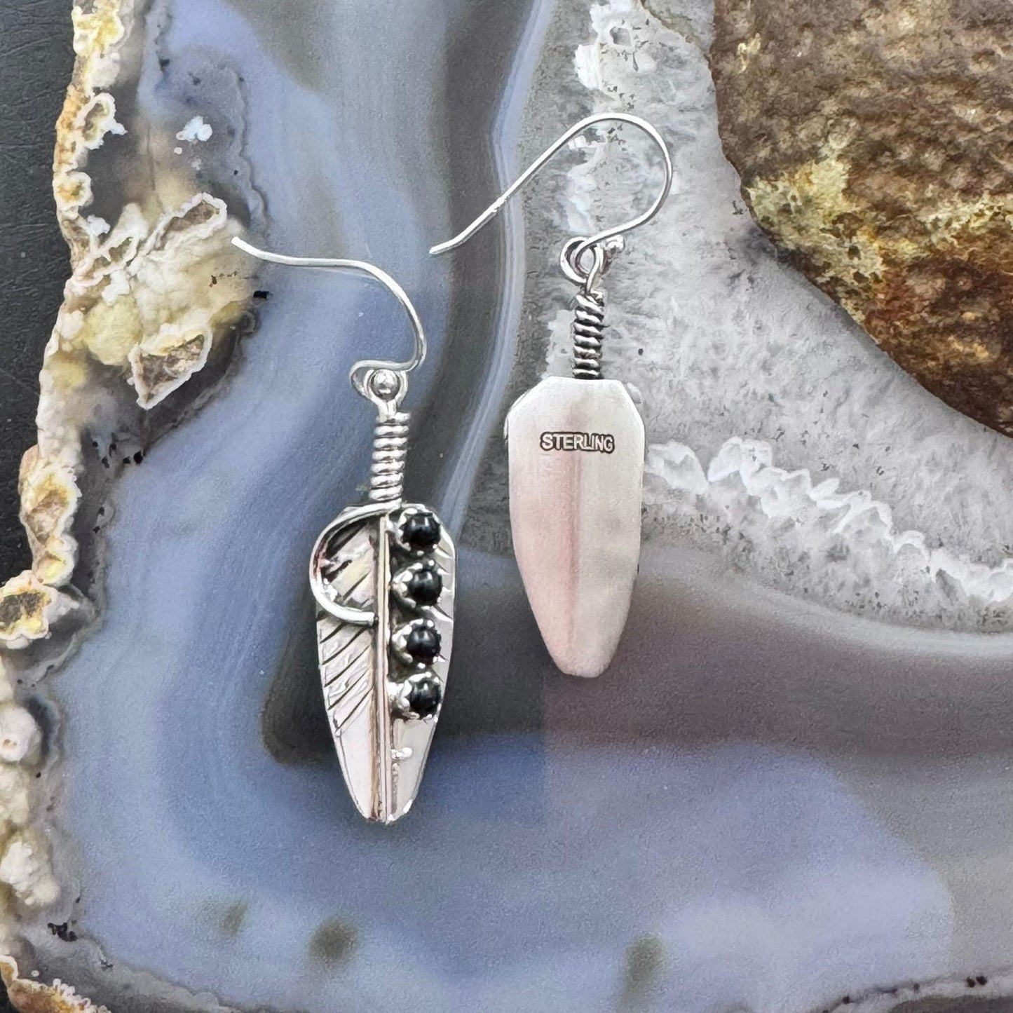 Sterling Silver Southwestern Style 4 Onyx Dots Feather Dangle Earrings For Women