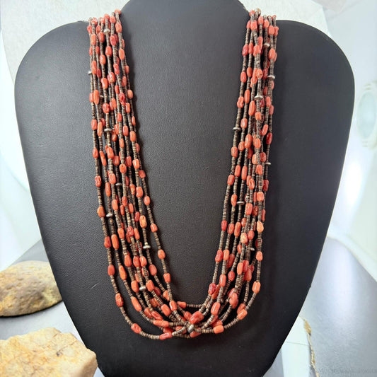 Vintage Native American 10 Strands Coral & Heishi Shell 32" Necklace For Women
