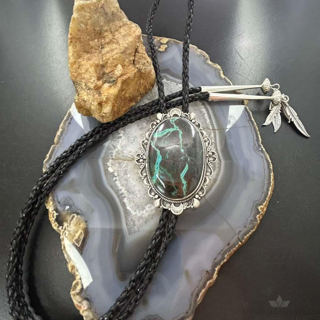 Sterling Silver Southwestern Style Large Chrysocolla Decorated Bolo Tie For Men
