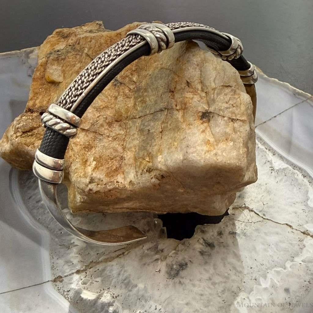 Vintage Braided Sterling Silver Over Black Leather Fashion Bracelet For Women