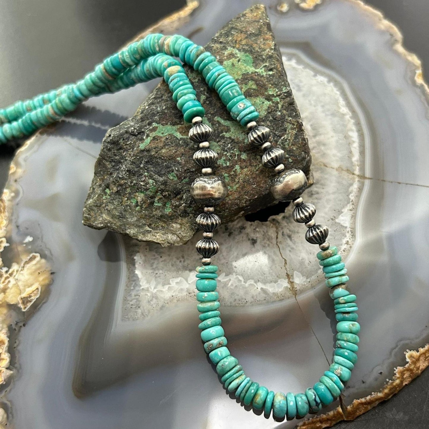 Sterling Silver Southwestern Style Blue Turquoise Beads & Sterling Beads 18"-20" Necklace