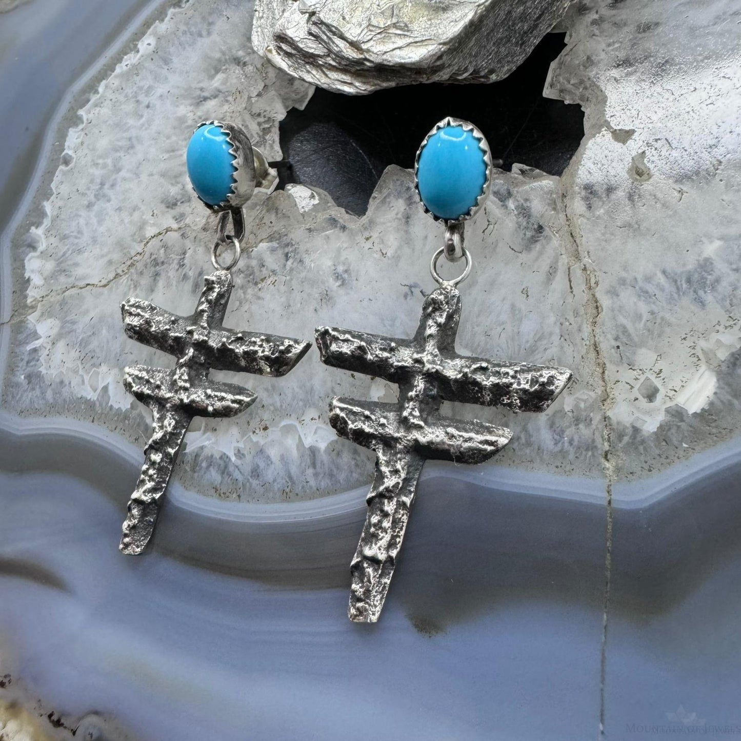 Cheyenne Custer Sterling Silver Sleeping Beauty Turquoise Tufa Cast Dangle Earrings For Women