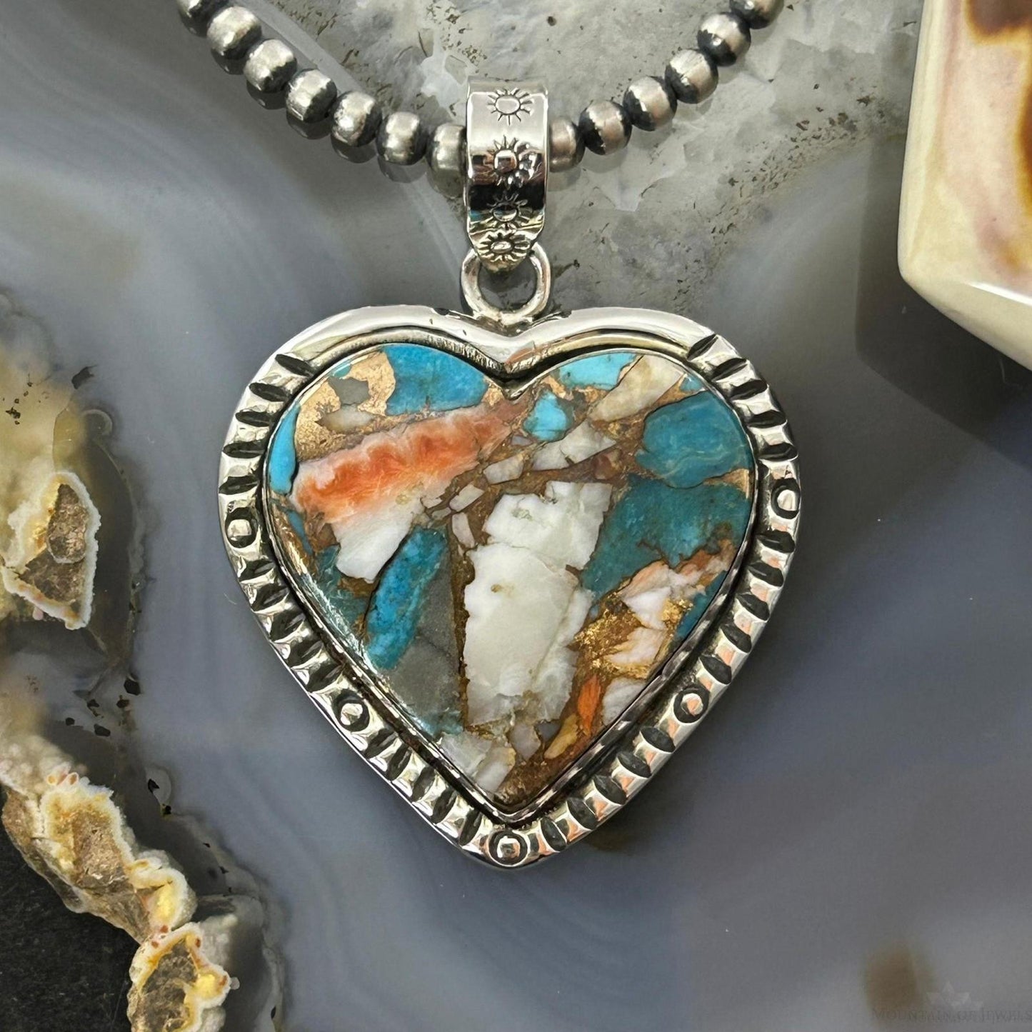 Sterling Silver Southwestern Style Turquoise Spiny Oyster Heart Pendant For Women