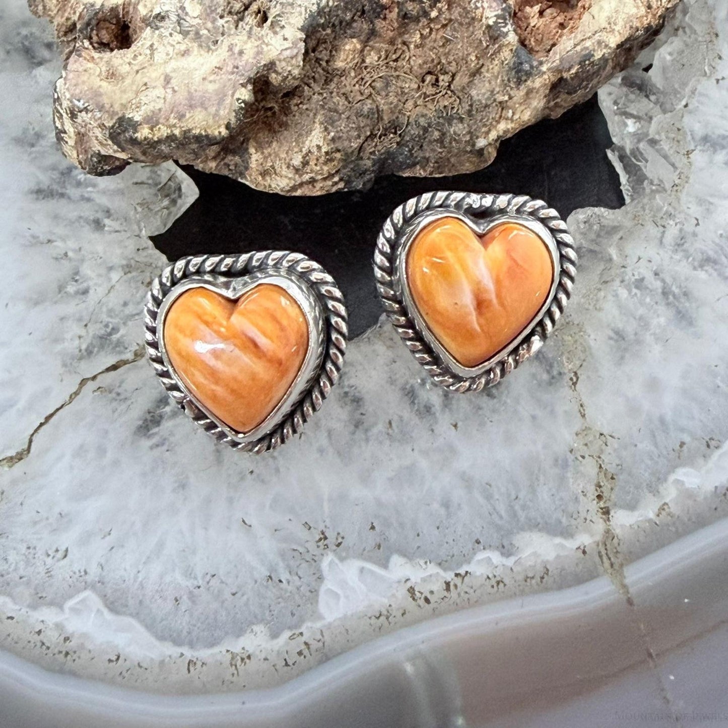 Native American Sterling Silver Orange Spiny Oyster Heart Post Earrings For Women