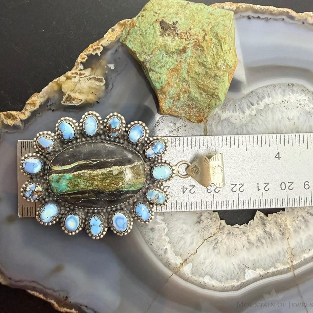 Sterling Silver Southwestern Style Blackjack &Golden Hill Turquoise Cluster Pendant For Women