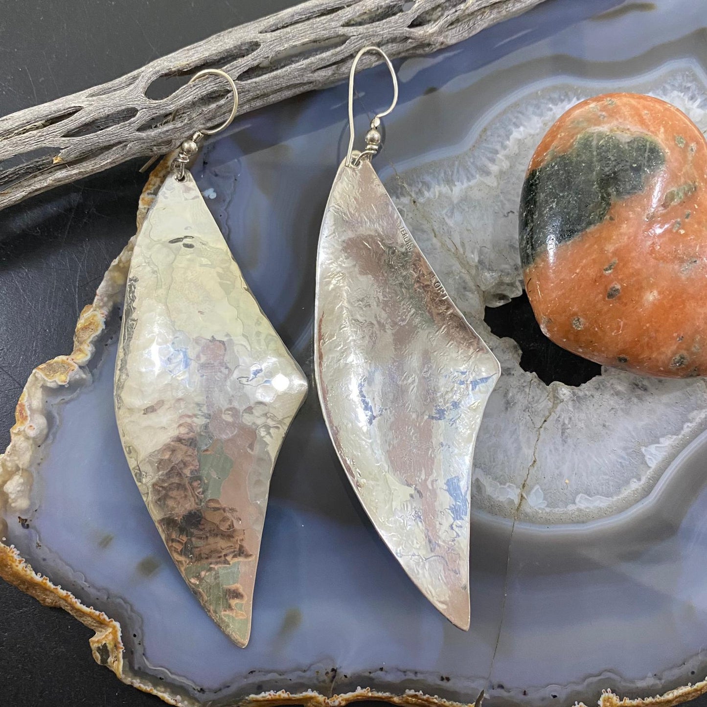 Vintage Native American Sterling Silver Half Moon Hammered Dangle Earrings