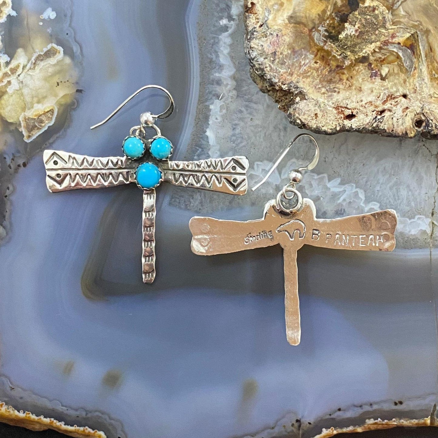 Brad Panteah Sterling Dragonfly w/3 Sleeping Beauty Turquoise Dangle Earrings For Women