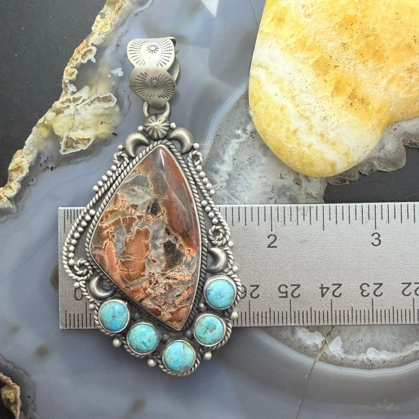 Sterling Silver Southwestern Style Dendritic Jasper & Turquoise Pendant For Women