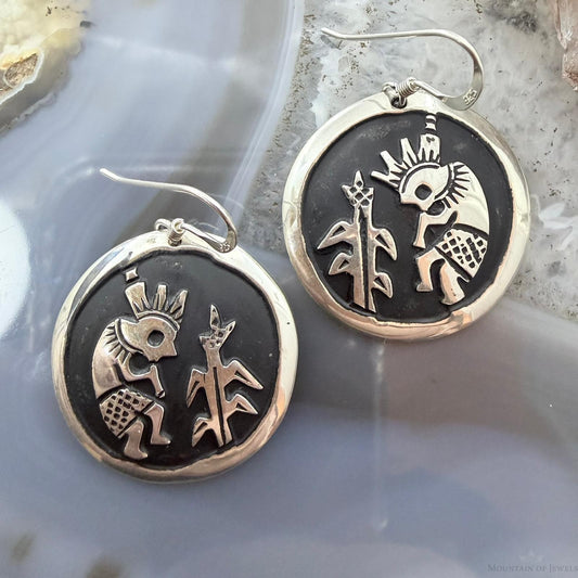 Tommy & Rosita Singer Sterling Silver Overlay Kokopelli Dangle Earrings For Women