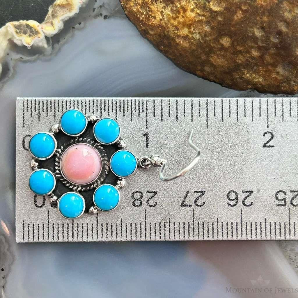 Native American Sterling Silver & Turquoise, Pink Conch Cluster Dangle Earrings For Women