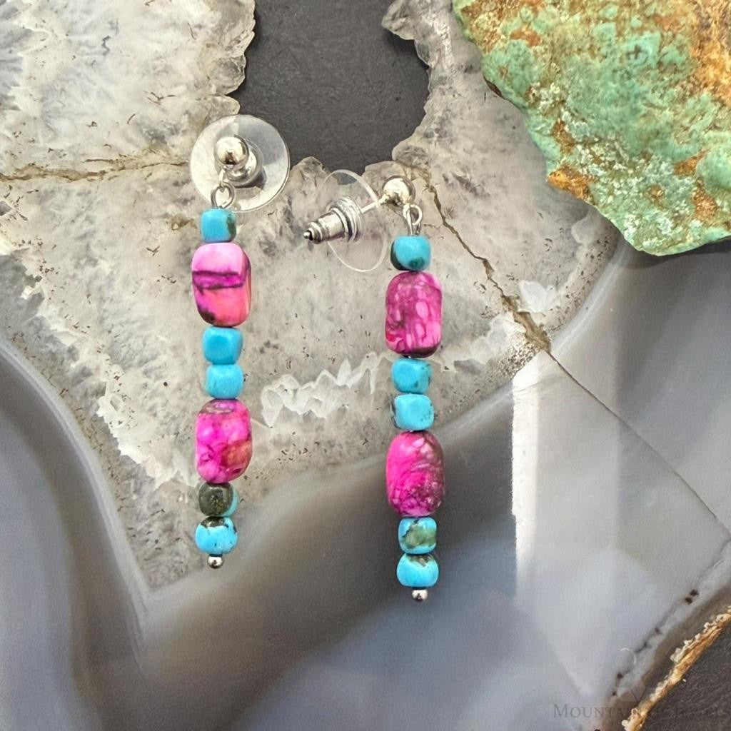 Sterling Silver Turquoise & Pink Dahlia Beads Long Dangle Earrings For Women