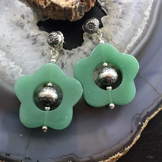 Carolyn Pollack Sterling Silver Carved Jade Flower Dangle Earrings For Women