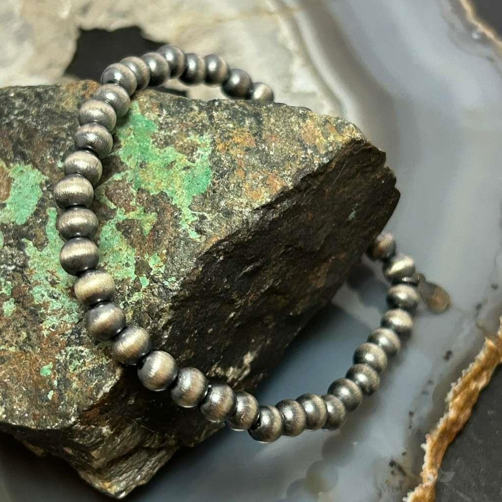 Sterling Silver 5mm Navajo Pearl Beads Stretch Bracelet For Women