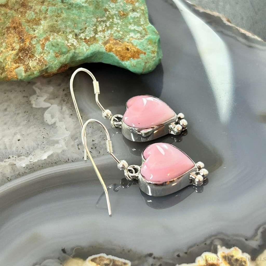 Native American Sterling Silver Pink Conch Decorated Heart Dangle Earrings For Women