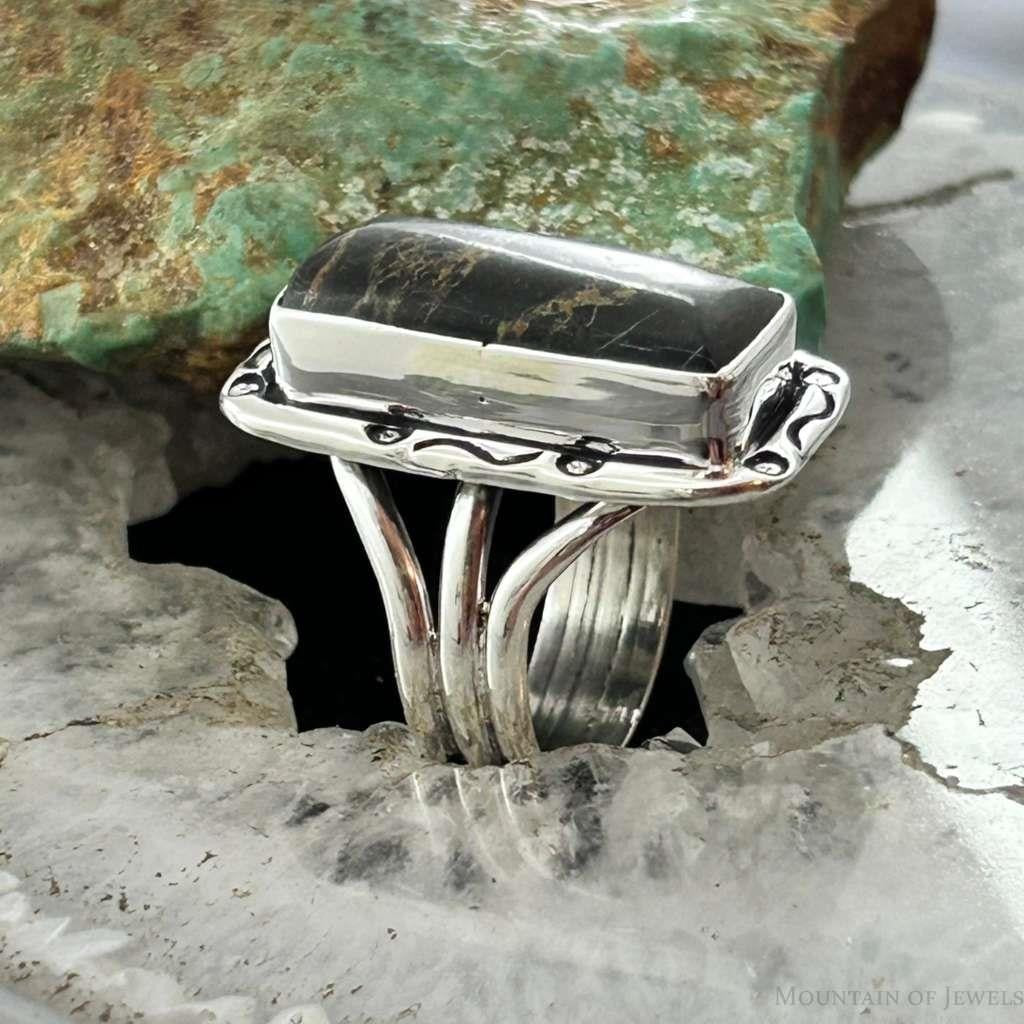 Native American Sterling Silver Rectangle Black Jack Bar Ring Size 6.75 For Women