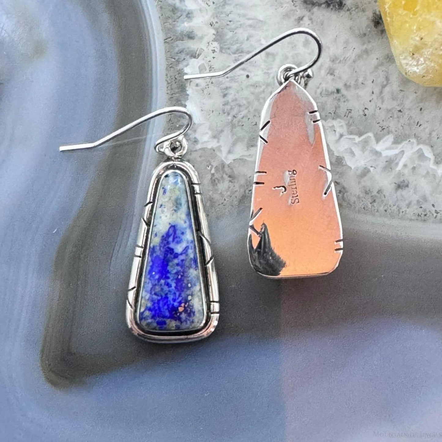 Native American Sterling Silver Triangle Denim Lapis Dangle Earrings For Women