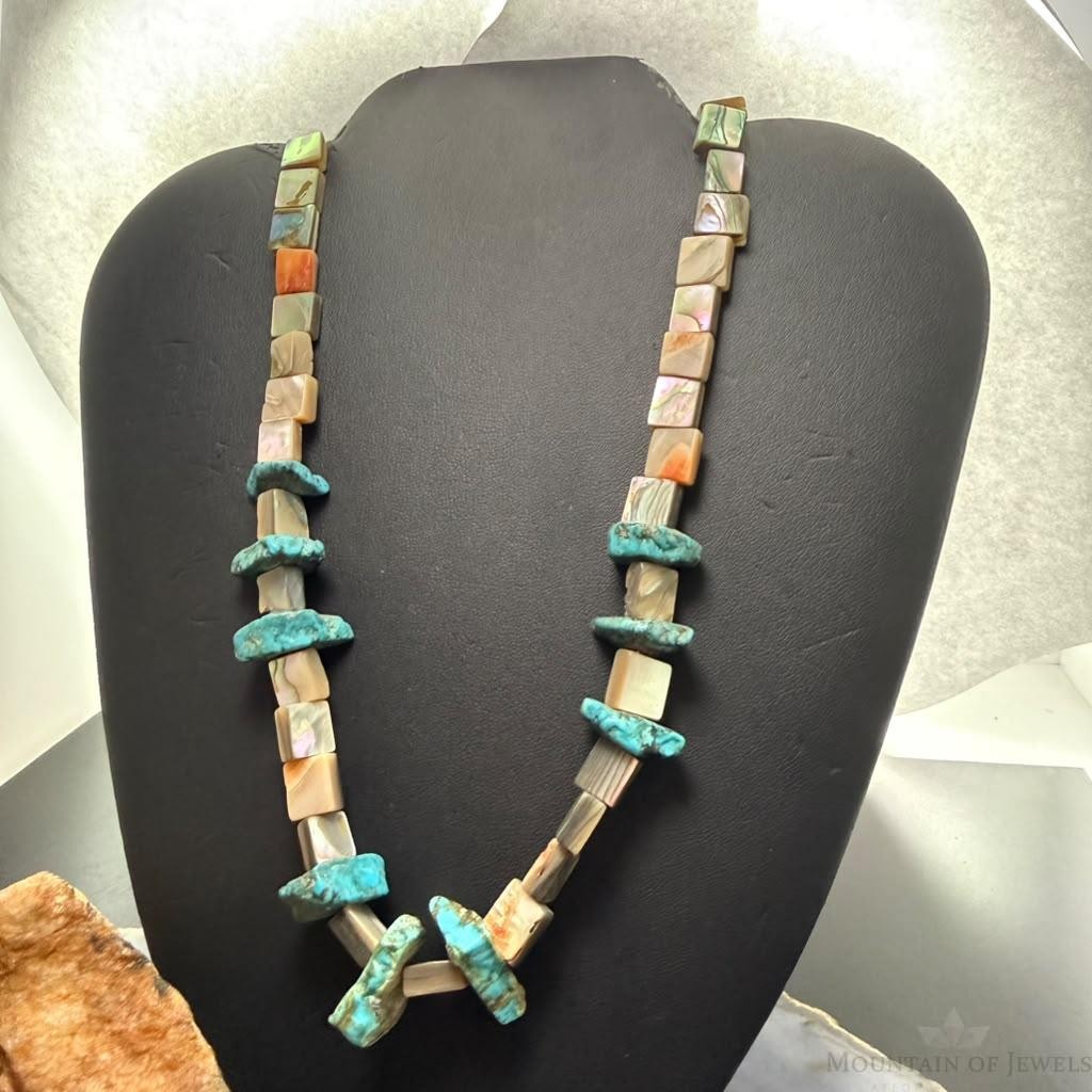 Vintage Silver Native American Chunky Turquoise w/Abalone 21" Necklace For Women