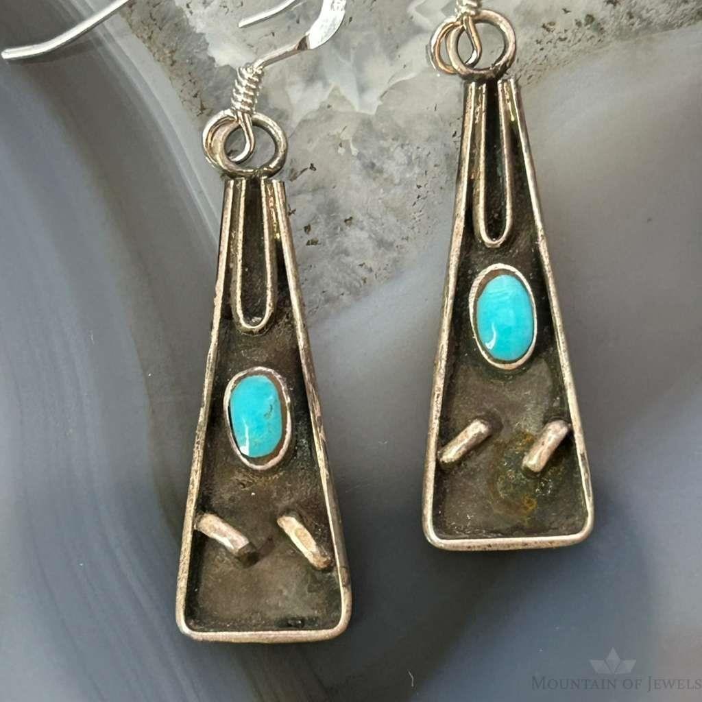 Vintage Silver Native American Turquoise Triangle Dangle Earrings For Women
