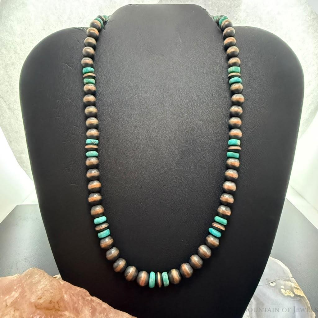 Southwestern Style Copper 8mm Navajo Pearl Beades &Turquoise 18"-20" Necklace For Women