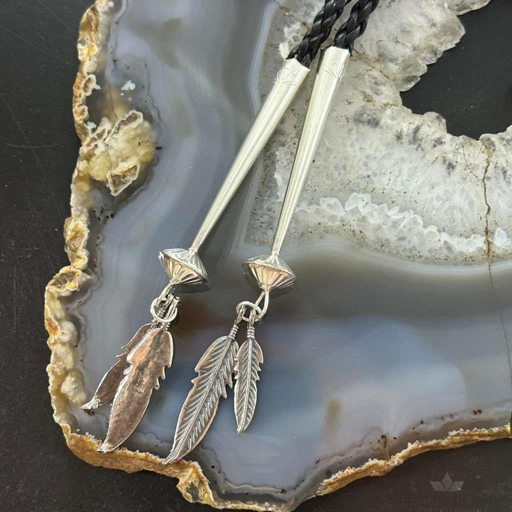 Sterling Silver Southwestern Style Large Round Onyx Decorated Bolo Tie For Men