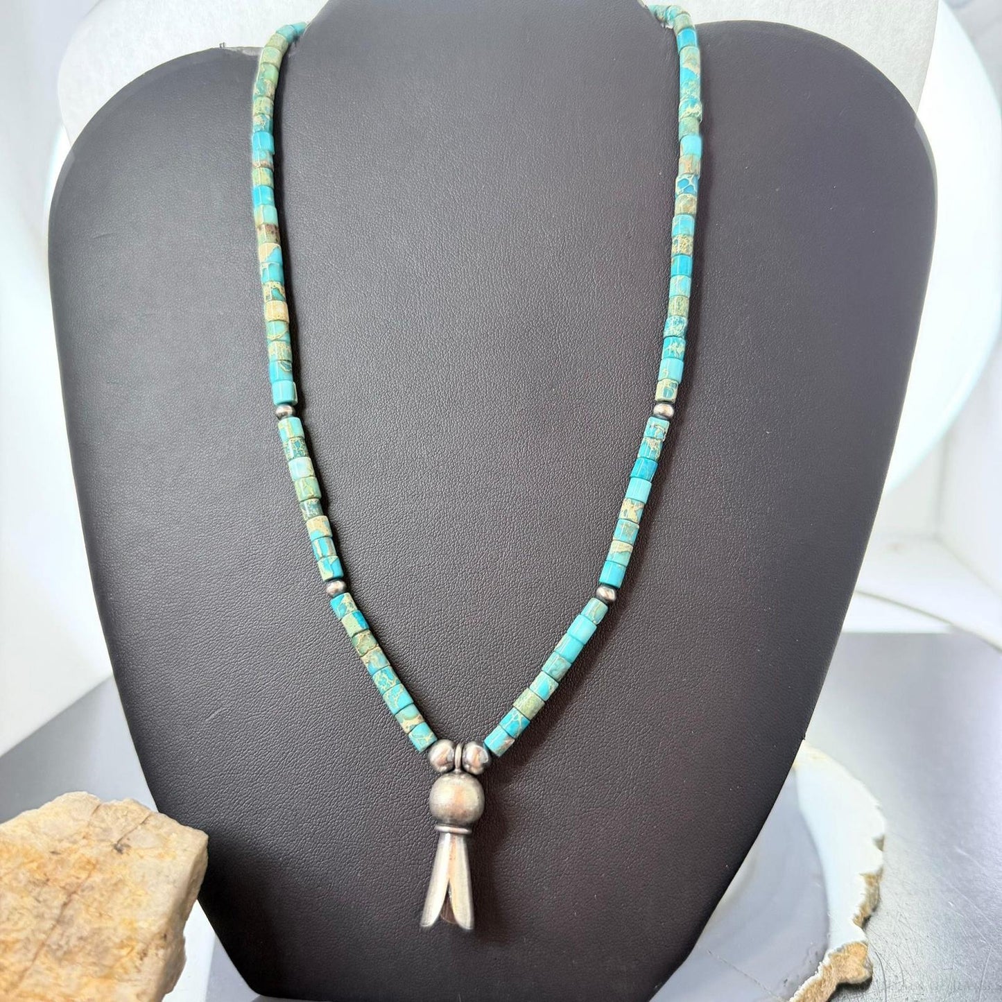 Sterling Silver Turquoise & Navajo Pearl Beads With Squash Blossom Necklace For Women