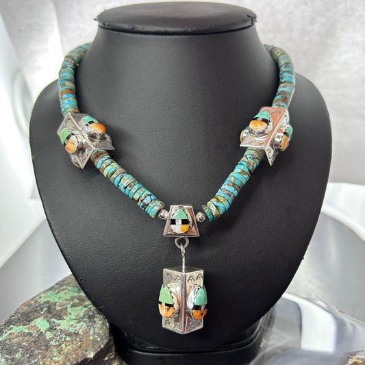 Cliffton Aguilar Santo Domingo Sterling Silver & Turquoise Beads w/Pendant 18" Necklace