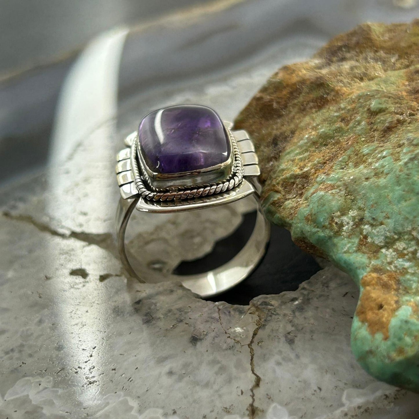 Sterling Silver Southwestern Style Star Amethyst Bar Ring Size 9 For Women