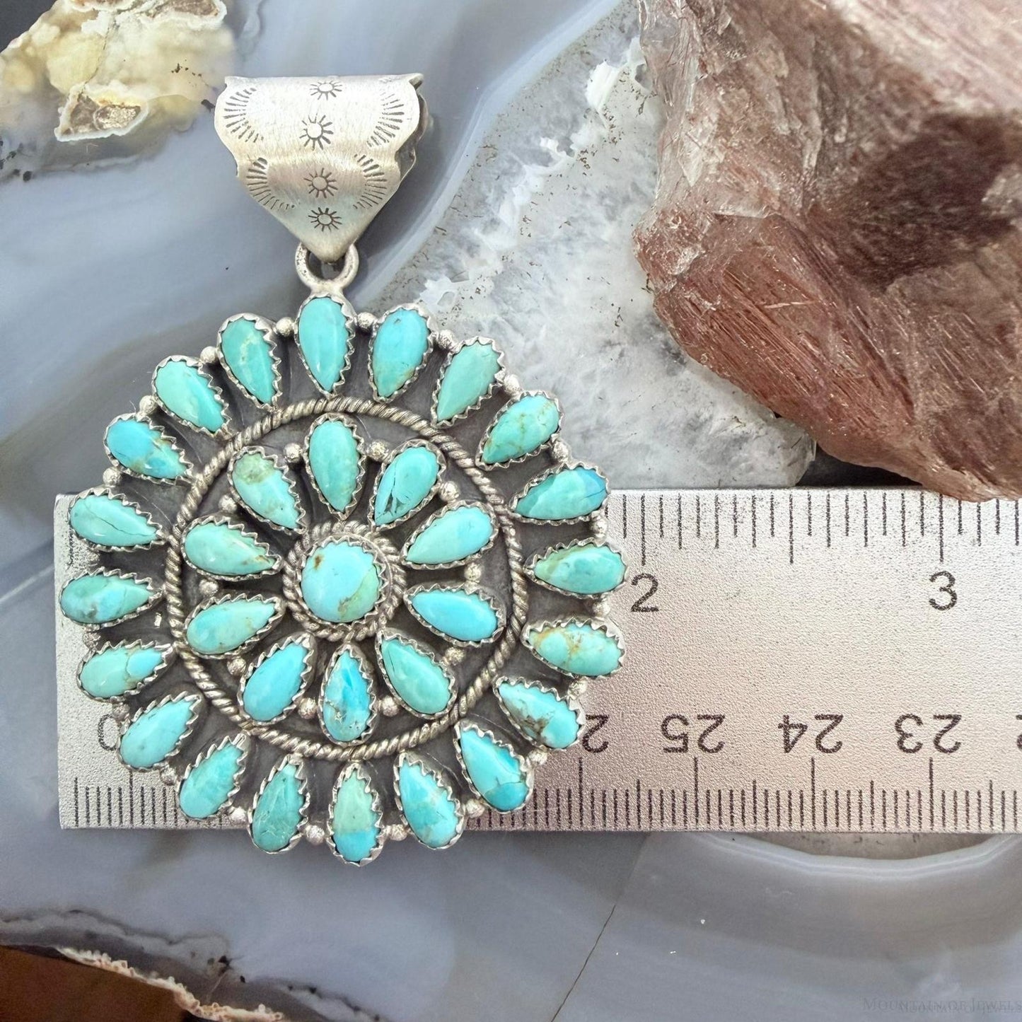 Sterling Silver Southwestern Style Teardrop Blue Mohave Turquoise Round Cluster Pendant