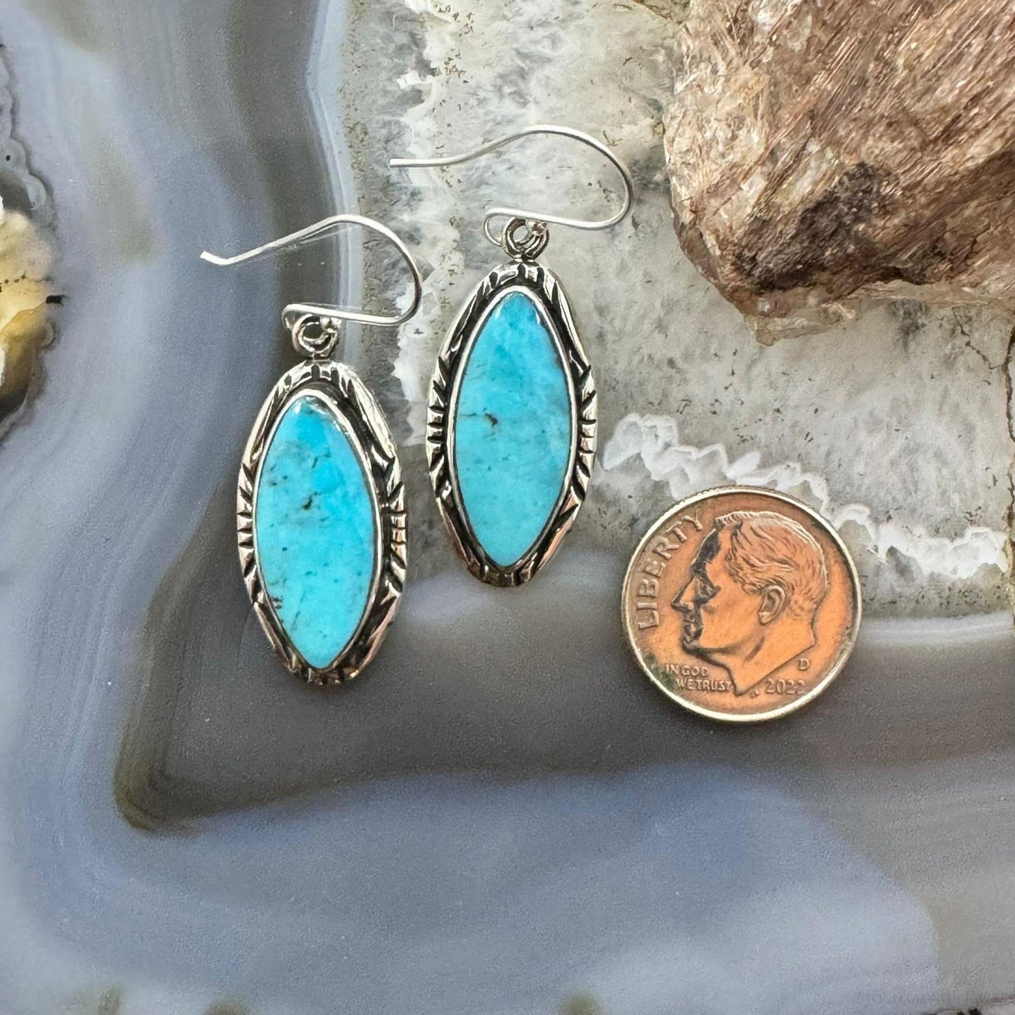 Native American Sterling Silver Marquise Turquoise Dangle Earrings For Women