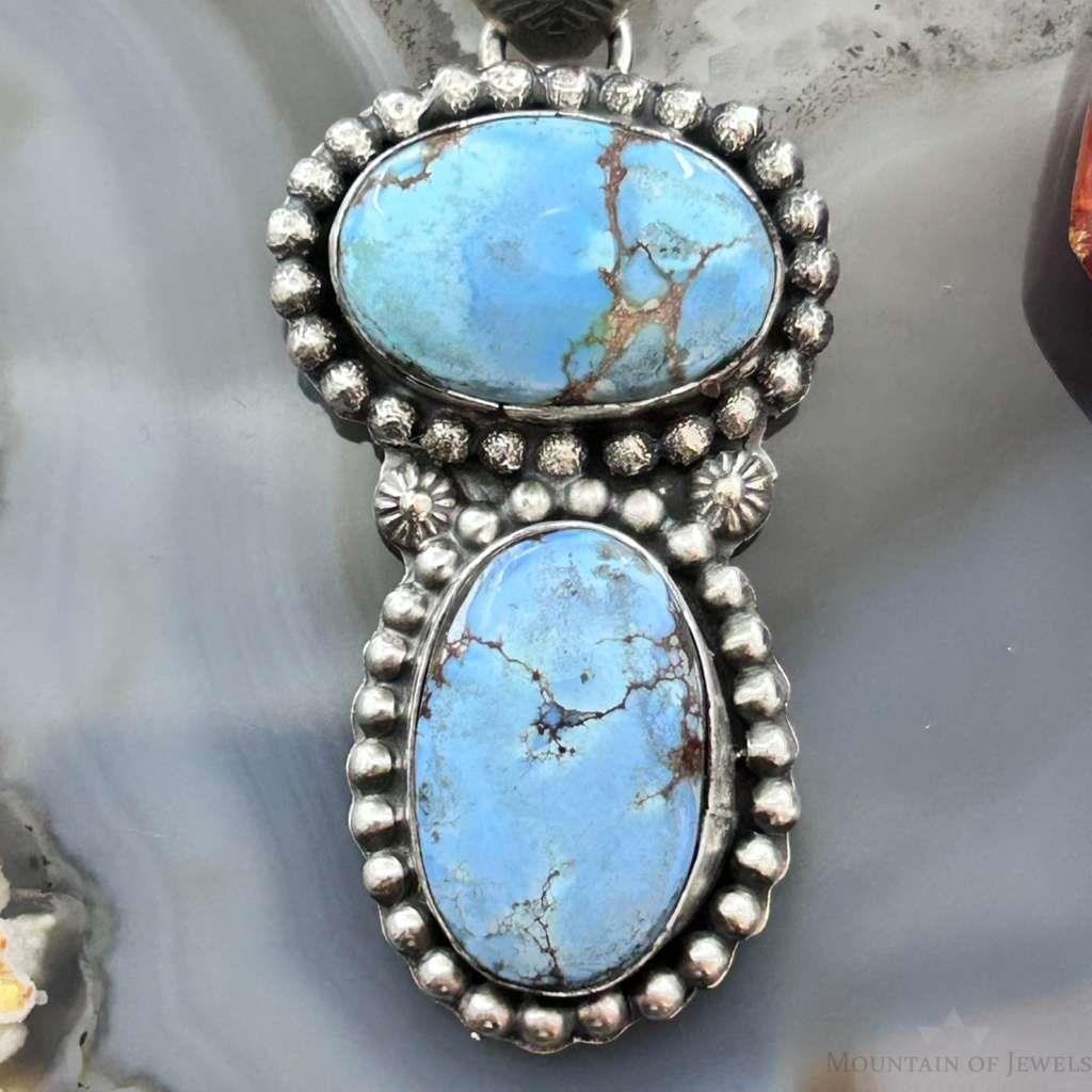 Native American Sterling Silver Double Oval Golden Hill Turquoise Pendant For Women