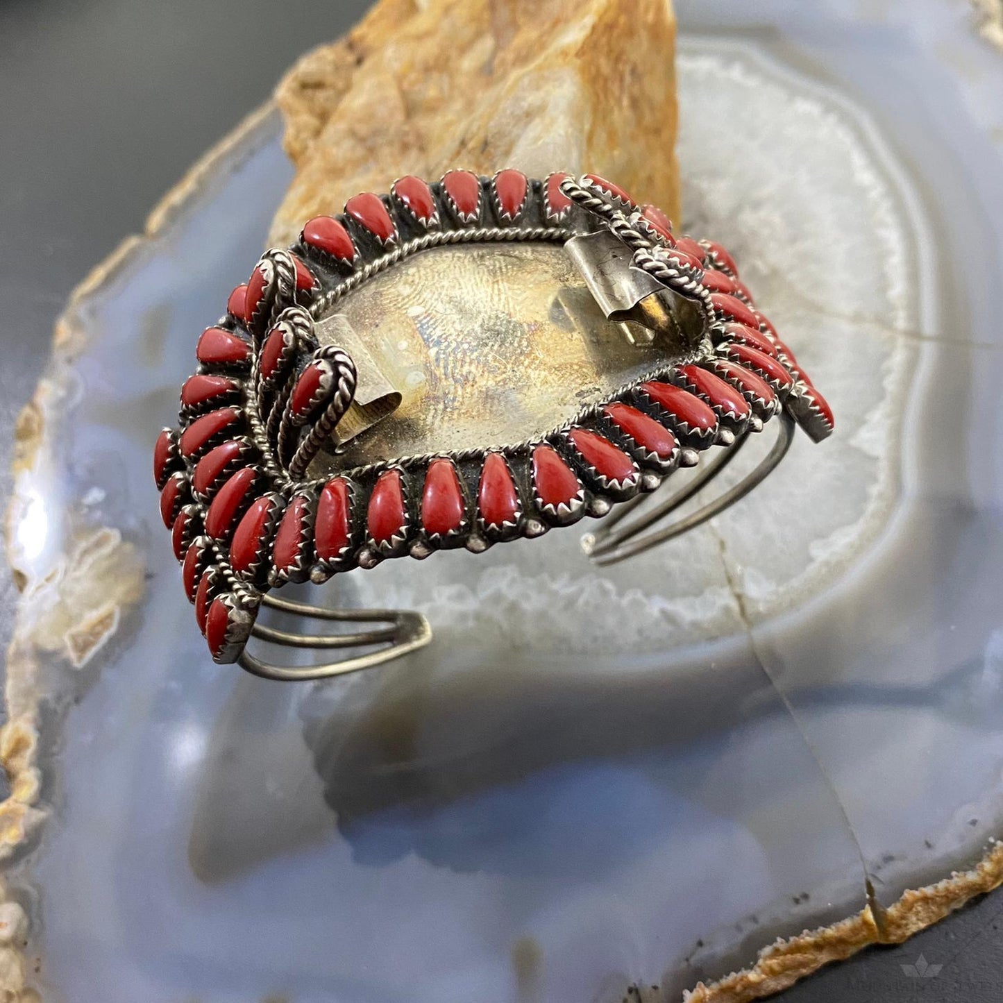 Vintage Signed Native American Sterling Silver Coral Watch Bracelet For Women