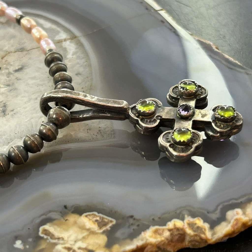 Vintage Silver Peridot, Ametyst Double Sided Cross Silver &MOPNecklace For Women