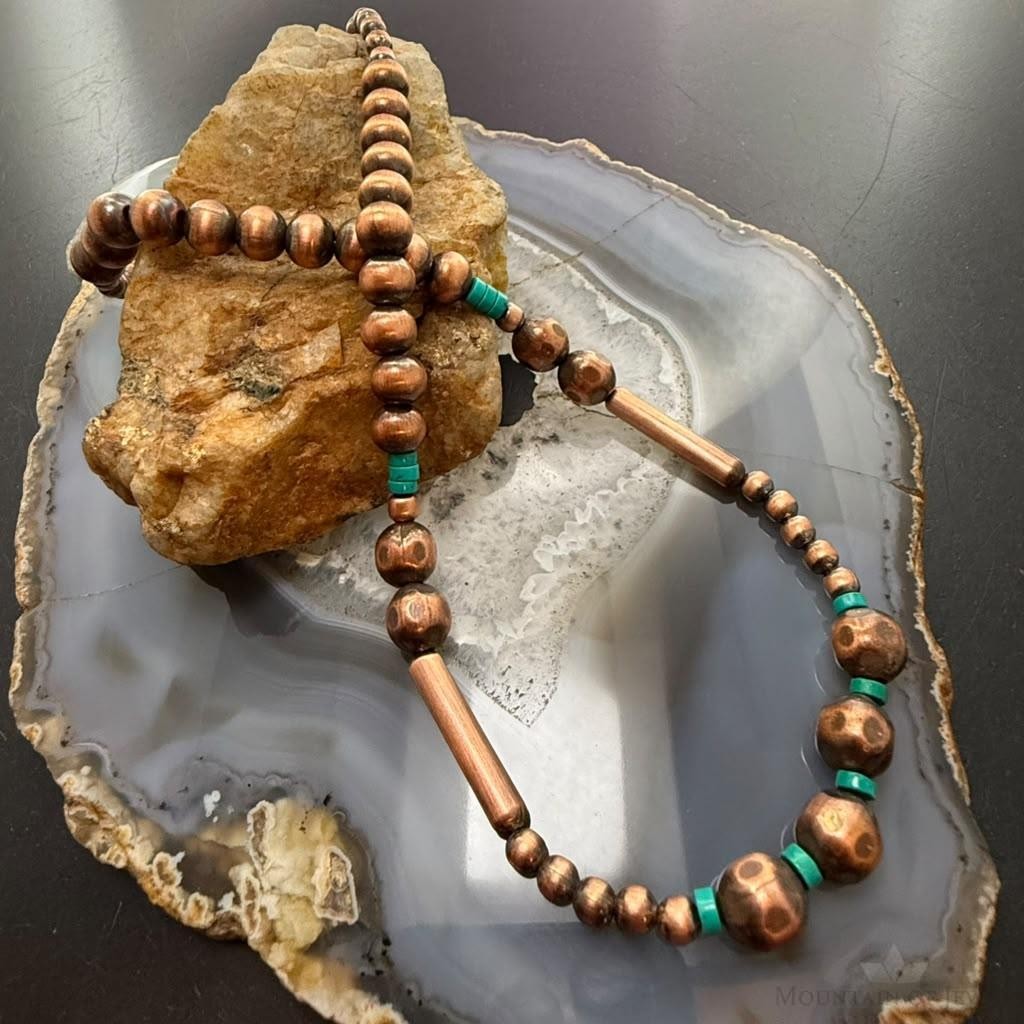 Southwestern Style .5-9mm Copper Navajo Pearl Round & Cylinder w/Sonoran Turquoise For Women #2 0" Necklace