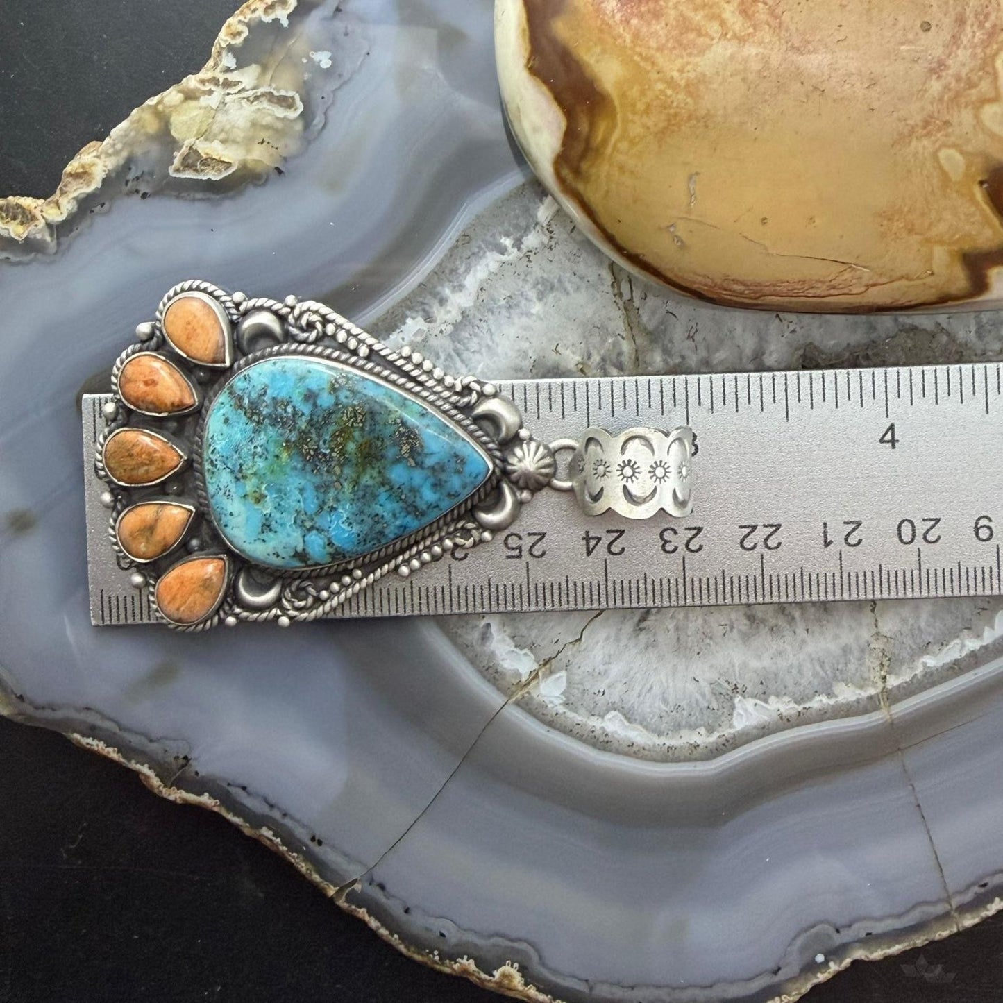 Sterling Silver Southwestern Style Teardrop Turquoise & Spiny Oyster Pendant For Women