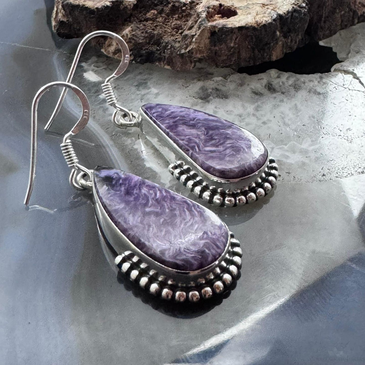 Sterling Silver Southwestern Style Teardrop Charoite Decorated Dangle Earrings For Women
