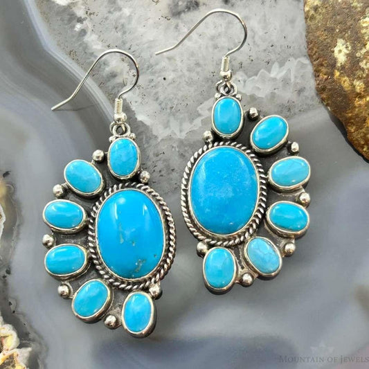 Native American Sterling Silver Turquoise Cluster Dangle Earrings For Women